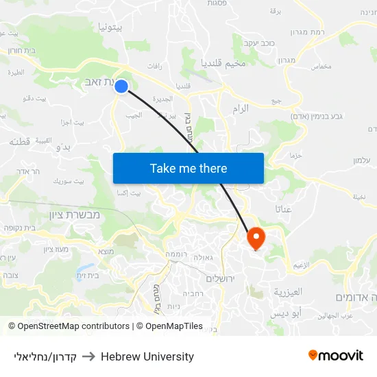 Kidron/Nachli'eli to Hebrew University map