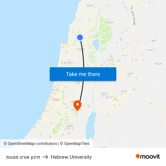 תיכון אורט פסגות to Hebrew University map