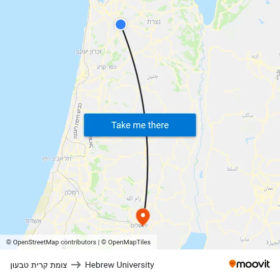 Kiryat Tivon Junction to Hebrew University map