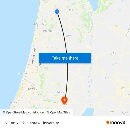 Yishi Junction to Hebrew University map