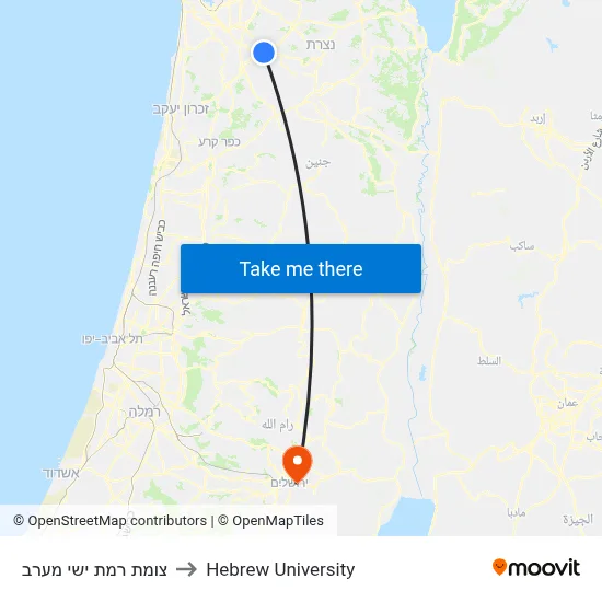 Ramat Yishai West Junction to Hebrew University map