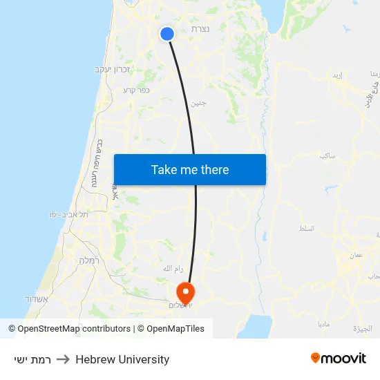 Ramat Yishai to Hebrew University map