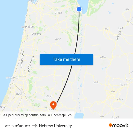 Poriya Hospital to Hebrew University map