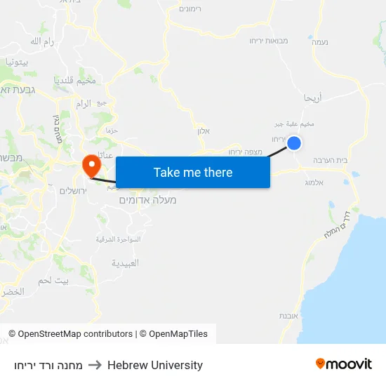 Camp Vered Jericho to Hebrew University map