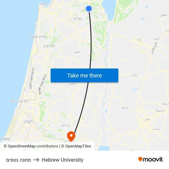 Camp Netafim to Hebrew University map