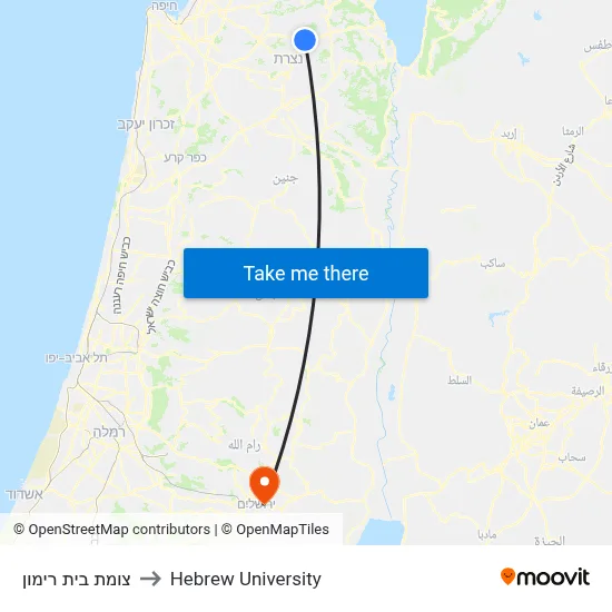 Beit Rimon Junction to Hebrew University map