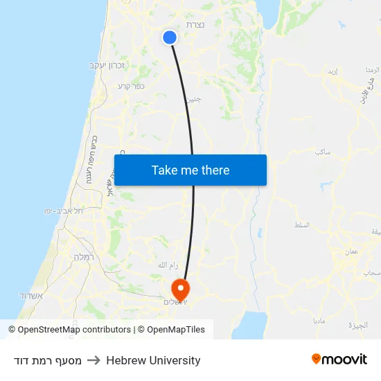 Ramat David Junction to Hebrew University map