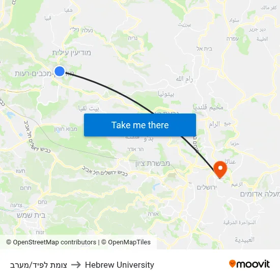 Lapid Junction/West to Hebrew University map