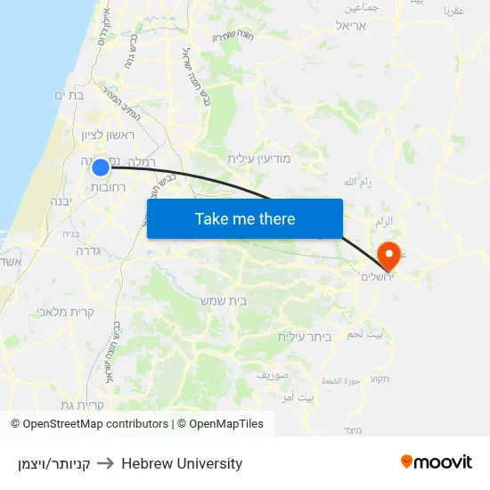 Kanyoter/Weizmann to Hebrew University map
