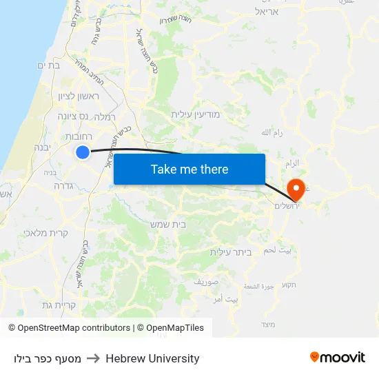 Bilu Junction to Hebrew University map