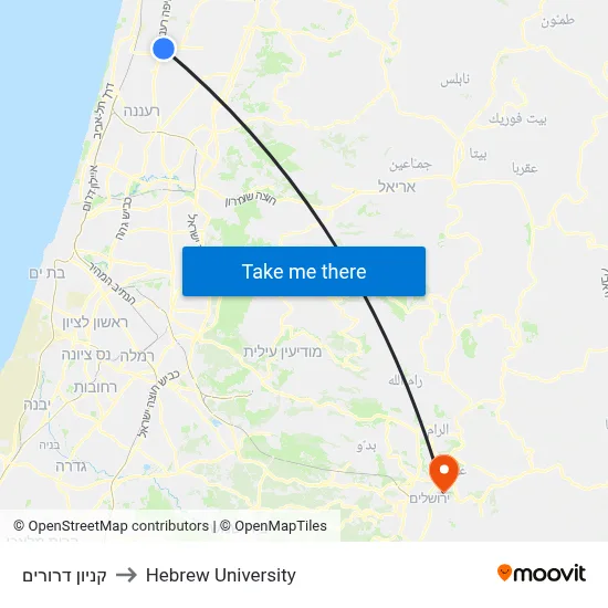 Drorim Mall to Hebrew University map