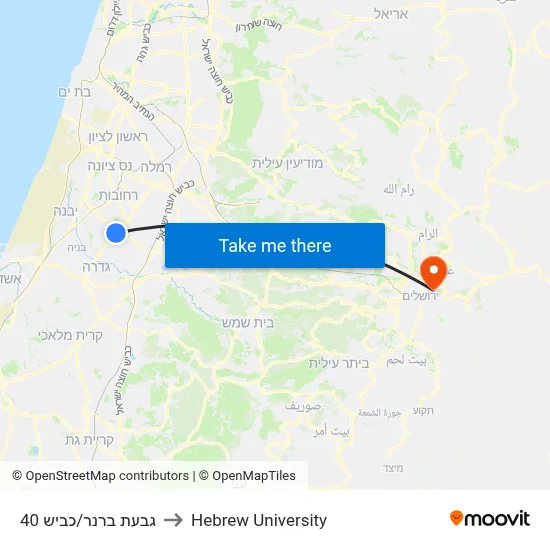 Givat Brenner/Road 40 to Hebrew University map
