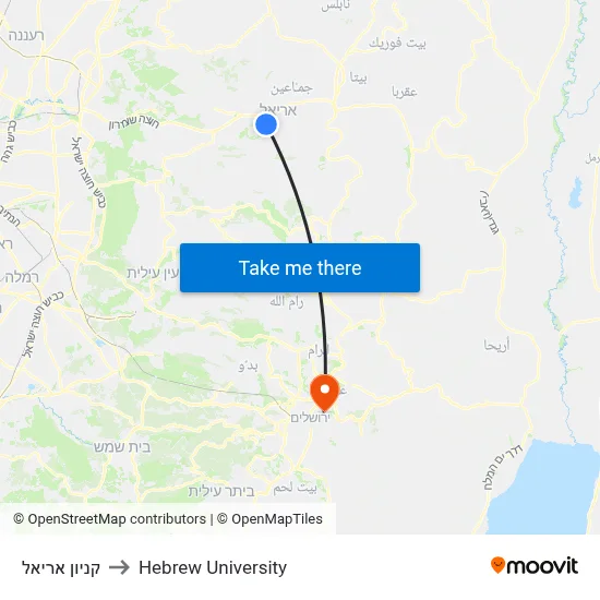 Ariel Mall to Hebrew University map