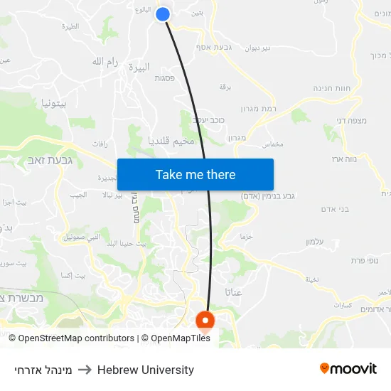 Civil Administration to Hebrew University map
