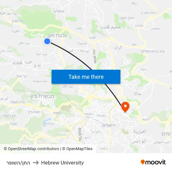 HaTan/HaShofar to Hebrew University map