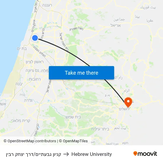 Givatayim Mall/Yitzhak Rabin Road to Hebrew University map