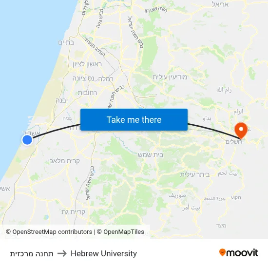 Central Station to Hebrew University map