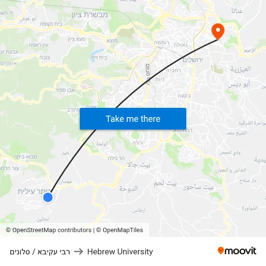 Rabbi Akiva/Slonim to Hebrew University map