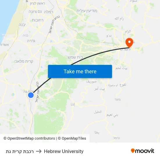 רכבת קרית גת to Hebrew University map