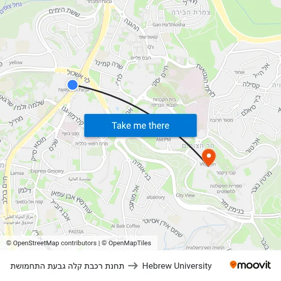 Light Rail Station Ammunition Hill to Hebrew University map