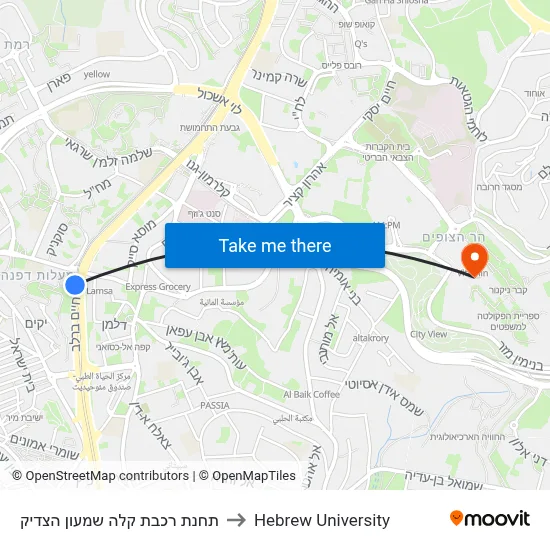 Shimon HaTzadik Light Rail Station to Hebrew University map