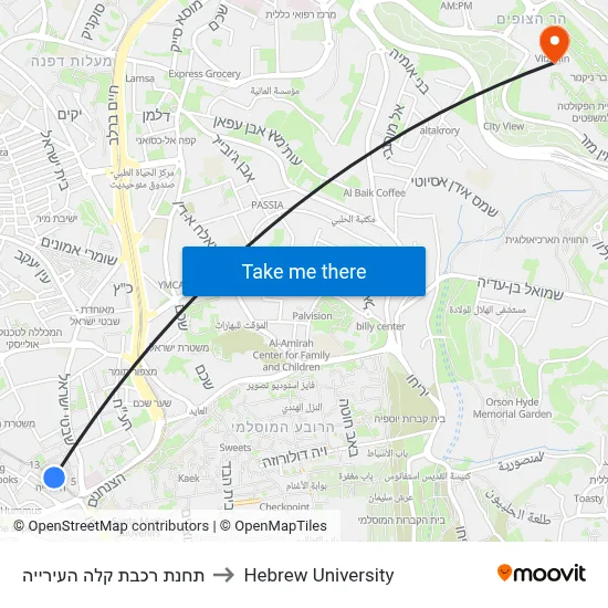Light Rail City Hall Station to Hebrew University map
