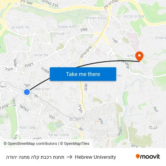 Machane Yehuda Light Rail Station to Hebrew University map