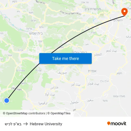 Lachish Base to Hebrew University map