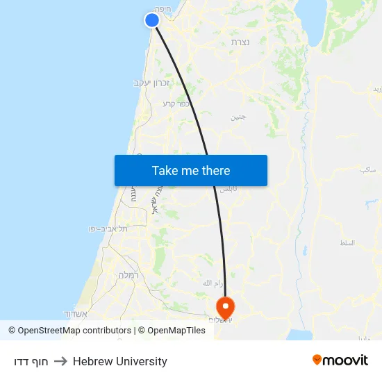 Dado Beach to Hebrew University map