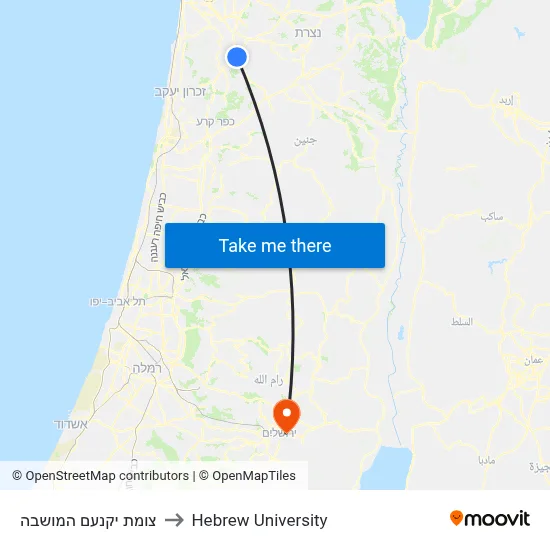 Yokneam Moshava Junction to Hebrew University map