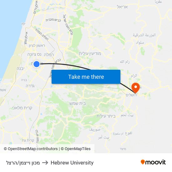 מכון וייצמן/הרצל to Hebrew University map