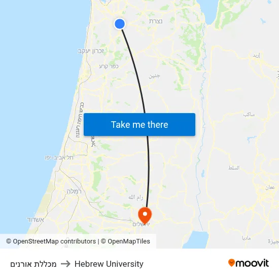 Oranim College to Hebrew University map
