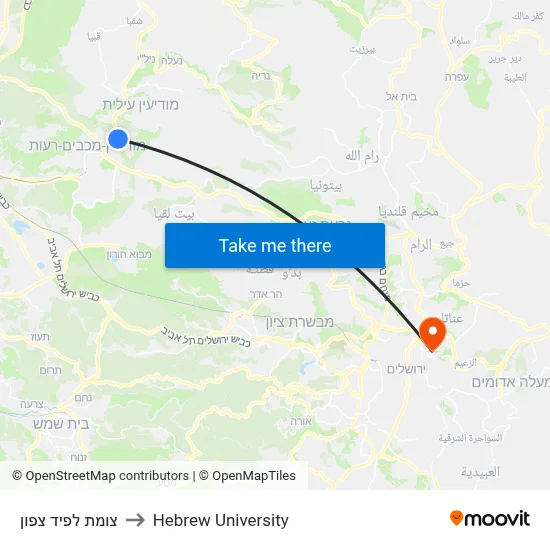 Lapid North Junction to Hebrew University map