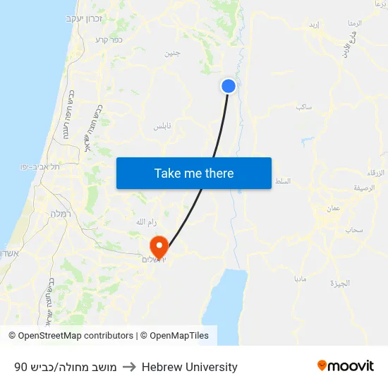 Mechola/Road 90 to Hebrew University map
