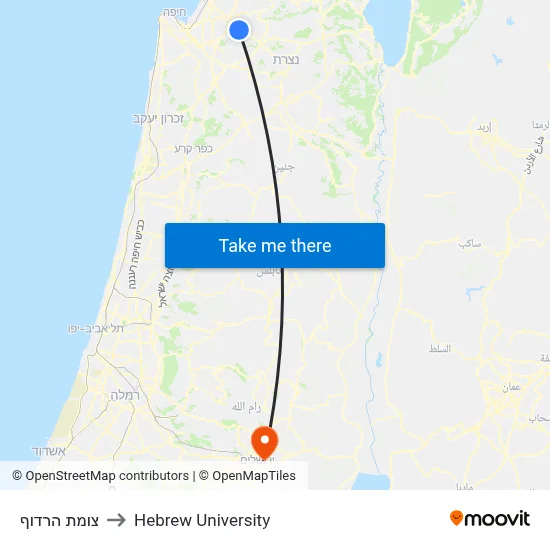 Harduf Junction to Hebrew University map
