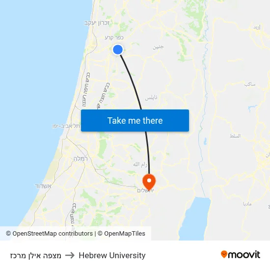 Mitzpe Ilan Center to Hebrew University map