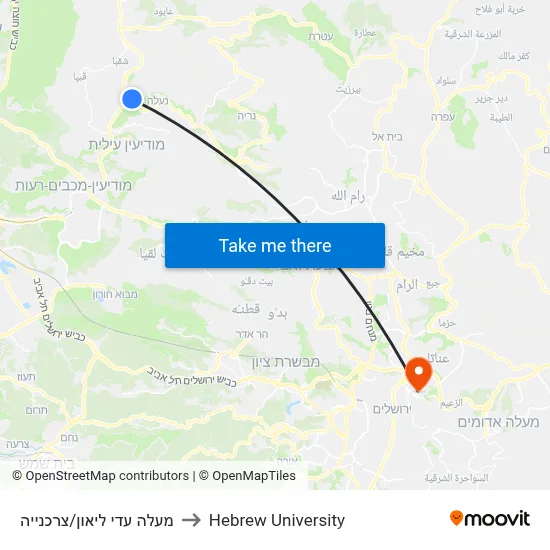 Maale Adi Leon/Tzarchaniya to Hebrew University map