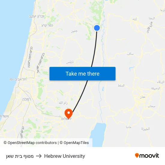 Beit Shean Terminal to Hebrew University map