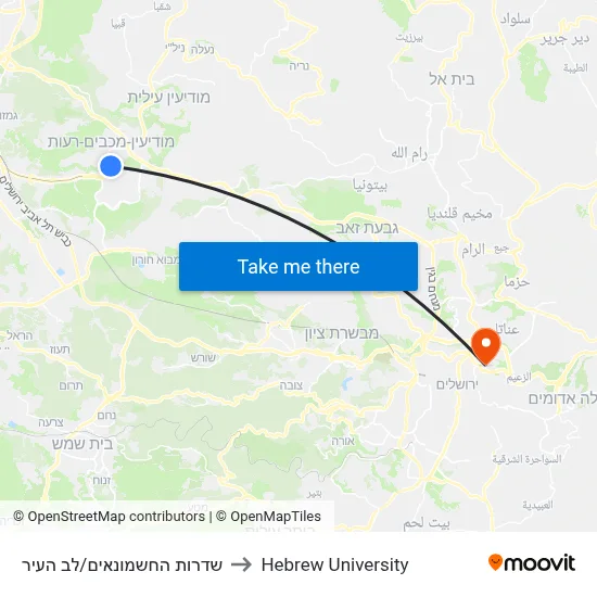 שדרות החשמונאים/לב העיר to Hebrew University map