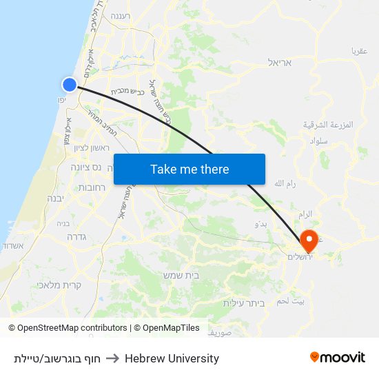 חוף בוגרשוב/טיילת to Hebrew University map