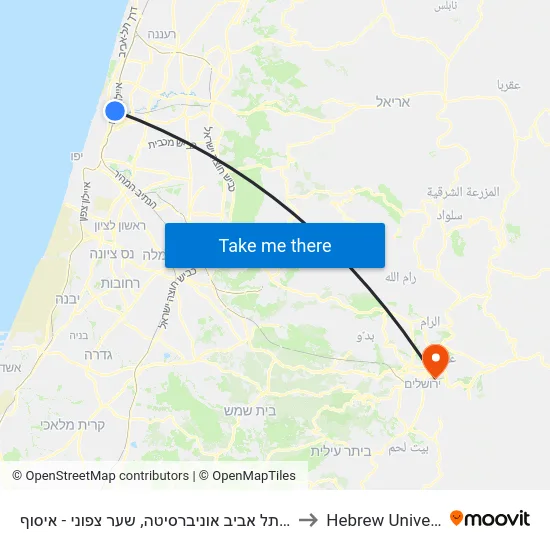 ת. רכבת תל אביב אוניברסיטה, שער צפוני - איסוף to Hebrew University map