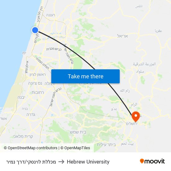 מכללת לוינסקי/דרך נמיר to Hebrew University map