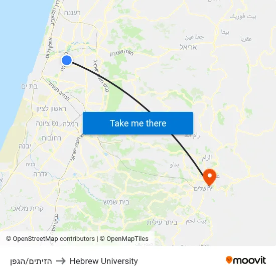 HaZeitim/HaGefen to Hebrew University map