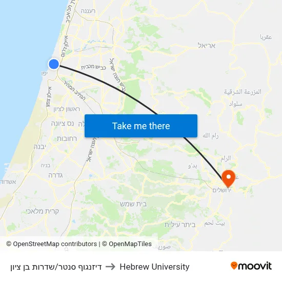 דיזנגוף סנטר/שדרות בן ציון to Hebrew University map