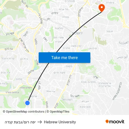Yafe Rom/Canada Hill to Hebrew University map