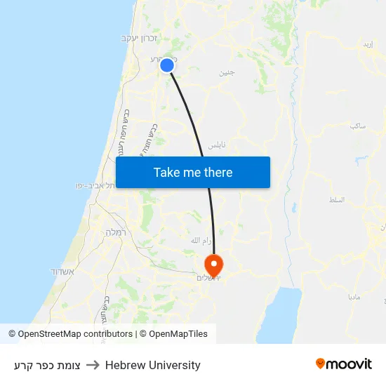 Kafr Qara Junction to Hebrew University map