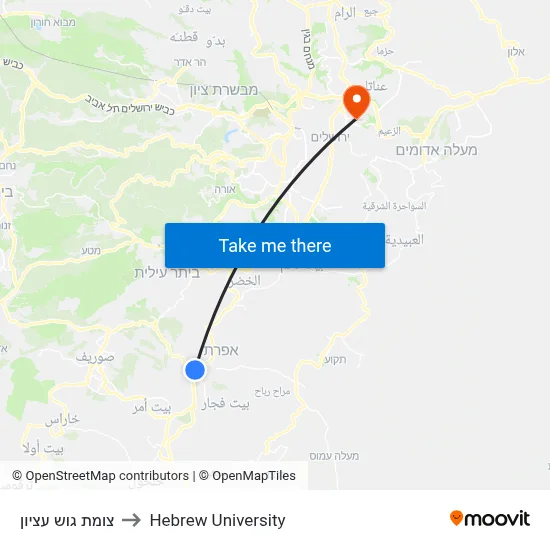 Gush Etzion Junction to Hebrew University map