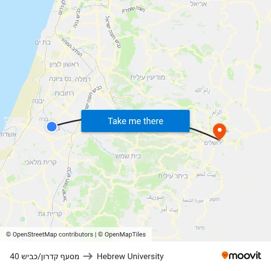 Kidron Junction/Road 40 to Hebrew University map