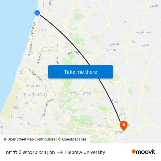 Wingate Institute/Road 2 South to Hebrew University map