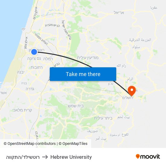 רוטשילד/התקווה to Hebrew University map